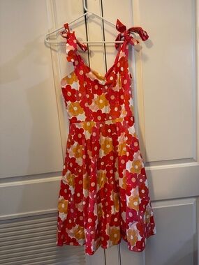 Red & Yellow Floral Tie-Strap Midi Dress